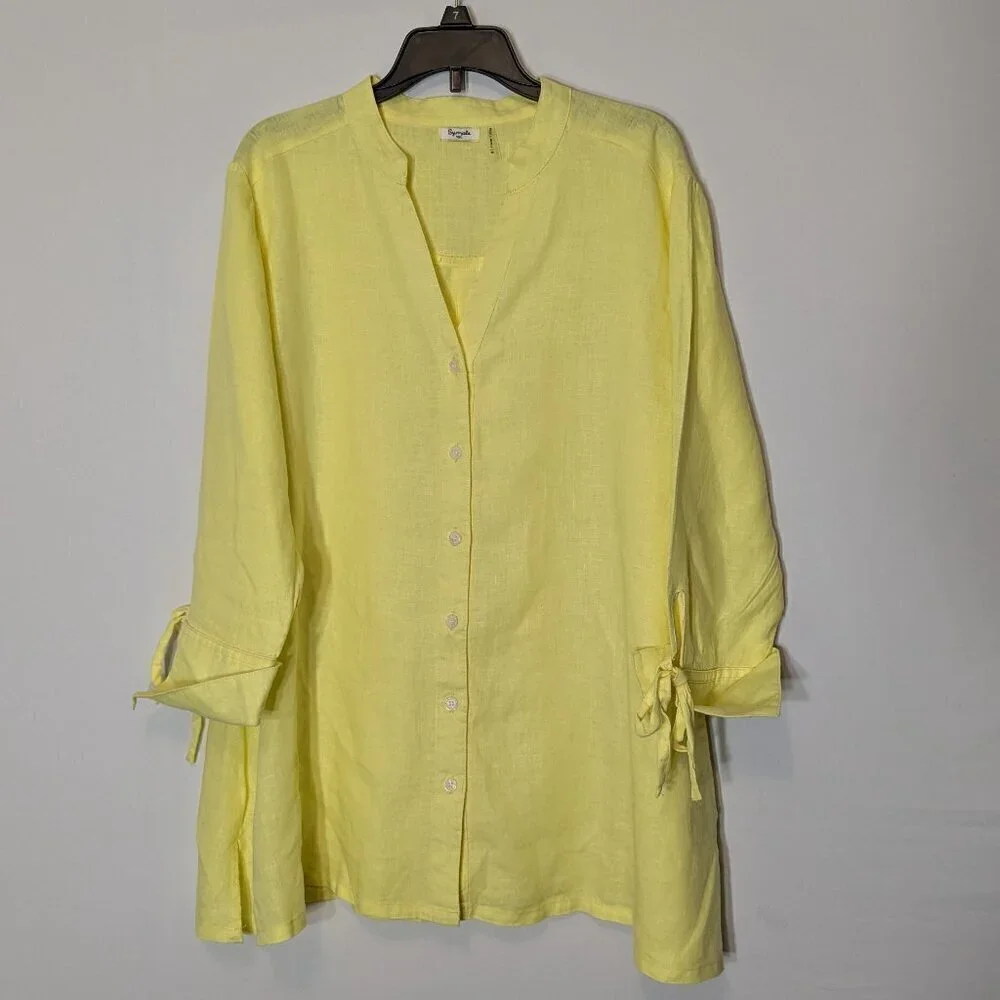 SYMPLE MK Yellow Linen Relax Fit Button Blouse; 3/4 Cuffed Sleeves w Tie; Size M